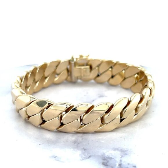 Women's 14K Yellow Gold 14 mm Wide Box Clasp 7.5" Curb Chain Minimalist Bracelet - Picture 1 of 10